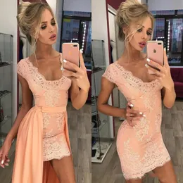 Alta Baixa Rendas Curto Vestidos de Baile Com Trem Destacável Applique Cap Manga Formal Vestidos de Noite robe de soriee