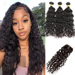Peruvian Unprocessed Human Hair 3 Bundles With 4X4 Lace Closure Middle Three Free Part Water Wave Bundles With Closure 10-28inch Virgin Hair