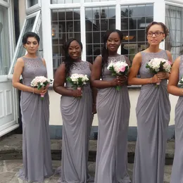 Nigerianische graue afrikanische neue Brautjungfernkleider billige bodeau Hals bodenlange Falten Court Zug Maid of Ehrenkleid Brautjungfer Kleider