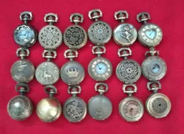 Partihandel 100PCS / Lot Mix 18 Designs Case Dia 2.5cm Hängsmycke Kedja Quartz Bronze Small Crown Watch Pocket Watch PW124