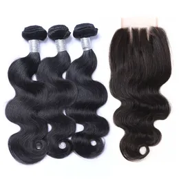 Peruansk kroppsvåg Virgin Human Hair Weaves 3 buntar med spetslås 100% obearbetade nageljusterade remy hårförlängningar Naturlig färg