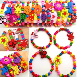 100pcs Girls Natural Wood Beaded Bracelets Styles Mix Children Wooden Wristbands Child Party Bag Fillers Birthday Gift Wholesale Jewelry