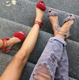 2018 Rot Gelb Weiß Wildleder Fransen Heels Gladiator Sandalen Knöchelriemen High Heels Party Schuhe Frau Lace-Up Quasten Frauen Pumpen