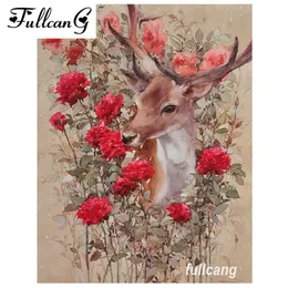 Fullcang DIYフルスクエアダイヤモンド刺繍赤い花と鹿ダイヤモンド絵画クロスステッチキットモザイク5D D556