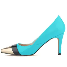 Marka Designer-Sapatos Feminino Kobiet Spiczaste Panele Patent PU Skórzane obcasy Gorset Styl Pompy Pracowe Buty sądowe US ​​4-11 D0070