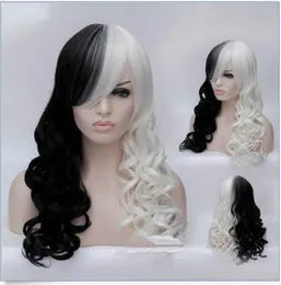 Девушка мода косплей парик черный белый синтетический длинный вьющиеся парики аниме -парик+ кепка