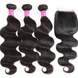 Billiga 10a Malaysiska Virgin Body Wave Hair Weaves 3 buntar med stängning Mänskliga hår Wefts med Lace Closure Accessories Extensions grossist