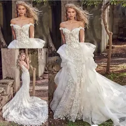 Véspera de milady 2020 vestidos de casamento modesto 3d floral fora do ombro laço applique fishtail swew train sereia vestido de recepção nupcial