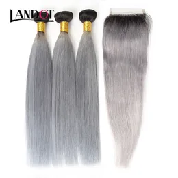 9A Ombre 1B / Grigio Chiusure in pizzo con 3 fasci di capelli umani vergini brasiliani tesse Ombre lisce Estensioni dei capelli indiani malesi peruviani