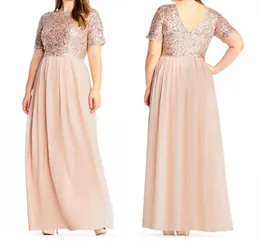 Blush Sequin Bridesmaid Dresses Short Sleeves Chiffon Floor Length V-Back Wedding Guest Gowns Plus Size Long Maid of Honor Dress