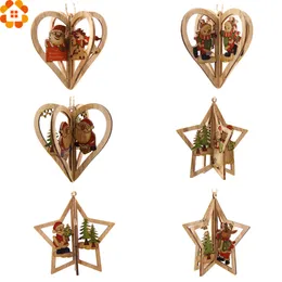 3sets 3D Creative Christmas Wooden Pendants Ornaments DIY Starheart Christmas Party Decorations Xmas Tree Ornaments Kids Gift