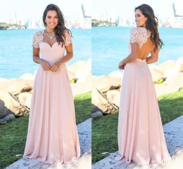 Billige Baby rosa Land Brautjungfer Kleider Schatz Hollow Rücken Spitze Sweep Zug Chiffon Beach Hochzeit Gastkleider Maid of Ehrenkleid 403