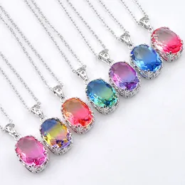 12Pcs/Lot Luckyshine Vintage Mix Color Ellipse Bi colored Tourmaline 925 Silver Necklace Women Fashion Cz Pendant Sets-Free Ship