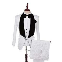 Senaste Design Shawl Lapel White One Button Wedding Groom Tuxedos Men Suits Wedding/Prom/Dinner Man Blazer (Jacket+Tie+Vest+Pants) M115