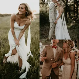 2019 Bohemian Wedding Dresses A Line Spaghetti Lace Appliques Sexy Backless Side Split Boho Wedding Dress Country Beach Bridal Gowns