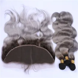 Ombre Silver Grey Peruvian Body Wave Mänskliga hårbuntar med fronter 1B / Grå Ombre Virgin Hair Weaves med full 13x4 spets frontlin