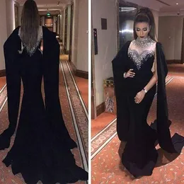 Elegant Black Mermaid Evening Formal Dresses 2021 Crystals Sequins Beaded Sparkly Prom Dress High Neck Long Sleeve Arabic Vintage Gothic Pageant Celebrity Wear