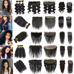 30 36 Inches Human Remy Hair Bundles With Lace Frontal Closure Straight Body Deep Water Loose Wave Jerry Kinky Curly Brazilian Virgin 3 4 Weave Weft Extension 10A Grade