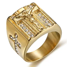 Gold Filled Titanium Jesus Cross Ring Classic Religious Ring Men Jewelry
