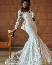 Vestidos de casamento de renda completa nigeriano africano com laço traseiro miçangas mangas compridas 2019 marfim sereia noivado casamento vestidos de noiva240i