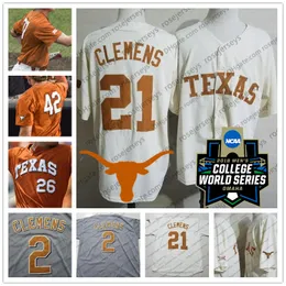 O beisebol da faculdade usa NCAA Texas Longhorns #21 Roger Clemens 7 Masen Hibbele 27 Blair Henley 52 Zach Zubia Creme branco laranja cinza