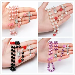 8mm Pink Glass Imitation Pearl Bead Holy Rosaries Necklace With Rose Flower Silver Cross Lourdes Center Rosary Necklaces