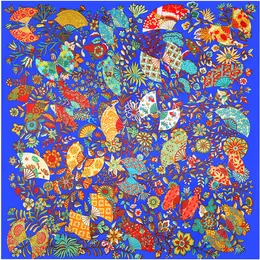 Lake Blue Twill Silk Scarf Women Fashion Floral Fan Tryckt Hijab Female Beach Shawlwrap Large Foulard Square Scarves 130*130cm