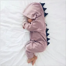 Baby Hooded Rompers Toddler Cute 3D Dinosaur Jumpsuits Warm Autumn Cotton Onesies Solid Pink Gray Costume Kids Designer Clothes YL617