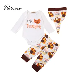 Thanksgiving Newborn Baby Boys Girls Bomull Kläder Set Kids Bodysuit Top Long Pants Hat Outfits Kläder