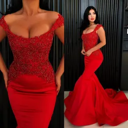 Stunning Red Mermaid Beaded Evening Dresses Sweetheart Neck Sequined Formal Dress Sweep Train Plus Size Satin Prom Gowns