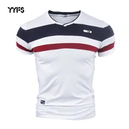 YYFS Men Kortärmad T-shirts för Man 2018 Ny sommar 100% ren bomull Vintage Patchwork Tees V Neck Cotton Tshirt Homme M-4XL