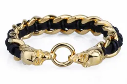 Men's Gold Color Skull Leather Bracelets 22cm Stainless Steel Skeleton Punk Biker Twisted Link Chain Bracelet Rock Jewelry
