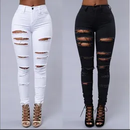 High Street Women Skinny Jeans Seksi Yırtık Cilt Sıkı Kot Moda Siyah ve Beyaz Kalem Denim Pantolon Qrp0