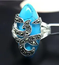 Piękny Marcasite Blue Turquoise Inlay 925 Sterling Silver Ring 7 8 9