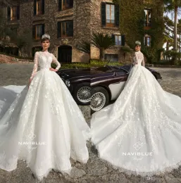 Långärmad bröllopsklänningar med katedralen Train Jewel Neck Lace Appliqued Bridal Gowns Boho Beach Plus Size Vestito Da Sposa 0505 0505