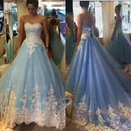 Gorgeous Country Style Blue Suknie ślubne Spadek 2018 Sweetheart Puffy A Line Chapel Trai Ivory Lace and Sky Blue Tulle Vestido de Novia