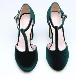 Бархатные женские туфли на блочном зеленом каблуке для вечеринок, летние женские сандалии на высоком каблуке с Т-образным ремешком, женские туфли-лодочки с круглым носком и пряжкой на щиколотке