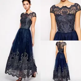 Vintage Mother Off Bride Dresses Plus Size Tulle Navy Blue Lace Appliques Long Zipper Back Ankle Length Women Formal Mothers Gowns