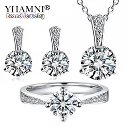 YHAMNI YHAMNI 925 Sterling Silver Biżuteria Ustawia 6mm 1 Ct CZ Diamant Naszyjnik Zestaw Kolczyków Zestawy Biżuterii Dla Nowożeńców Dla Kobiet TZP017