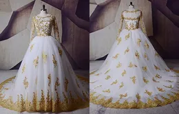Bedövning Whit Gold Lace Ball Gown Bröllopsklänningar Brudklänningar Långärmade Applika Real Photos Illusion Beads Vestido de Novia