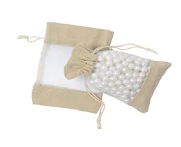 200PCs / Lot Fast 10 * 15cm Bomull Burlap Väska med 2 sidor Rensa PVC-fönster Smycken Pärlor Drawstring Pouch Bröllopsgåvor F04