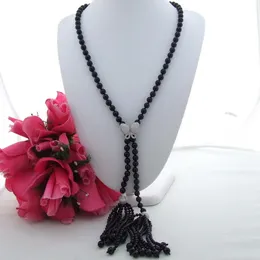 Charming 8 mm round black onyx necklace micro inlay zircon butterfly buckle flower accessories tassel pendant necklace long 86 cm
