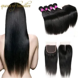 Brasilianska rakt hår med stängning 3 buntar Mänskliga hårbuntar med stängning 100% Human Hair Double Weft Dysable bleachable 100g / pc