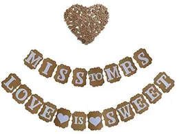 LOVE IS SWEET und MISS MRS Valentine Hochzeits-Wimpelkette mit 100 Stück rustikalen hölzernen Liebesherzen für Hochzeitstisch, Babyparty, Partydeko
