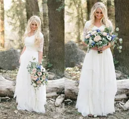 Västra landet Bohemian Beach A Line Wedding Dresses V Neck spetschiffon Halva ärmar Tiered golvlängd plus storlek Brudklänningar