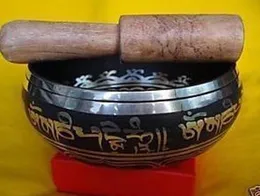 Gratis frakt 4.5 "tibetanska ord mantra lycklig buddhism sångskål hand hammad mallet antik trädgård dekoration silver mässing