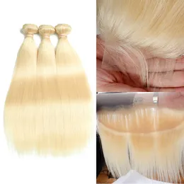 Indisches Remy-Echthaar, blondes Haar, 3 Bündel mit 44-Spitze-Verschluss, 13 x 4 Frontal, reines 613-Farben-Glatthaar, Tressen mit Verschluss, Bo7023784