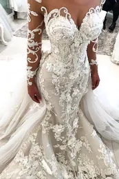 Glamorous Mermaid Wedding Dresses With Detachable Train Illusion Sheer Neck Long Sleeves Handmade Flowers Bridal Gowns BA