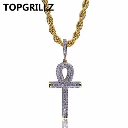 TOPGRILLZ 힙합 록 목걸이 골드 컬러 모든 아이스 아웃 마이크로 패브릭 CZ 스톤 앤크 크로스 펜던트 목걸이 60cm 로프 체인 포함