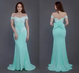 Modern Mint Mermaid Bridesmaid Dresses Long Cheap Off the shoulder with Sleeves Lace Applique Chiffon Backless Wedding Party prom Dress
